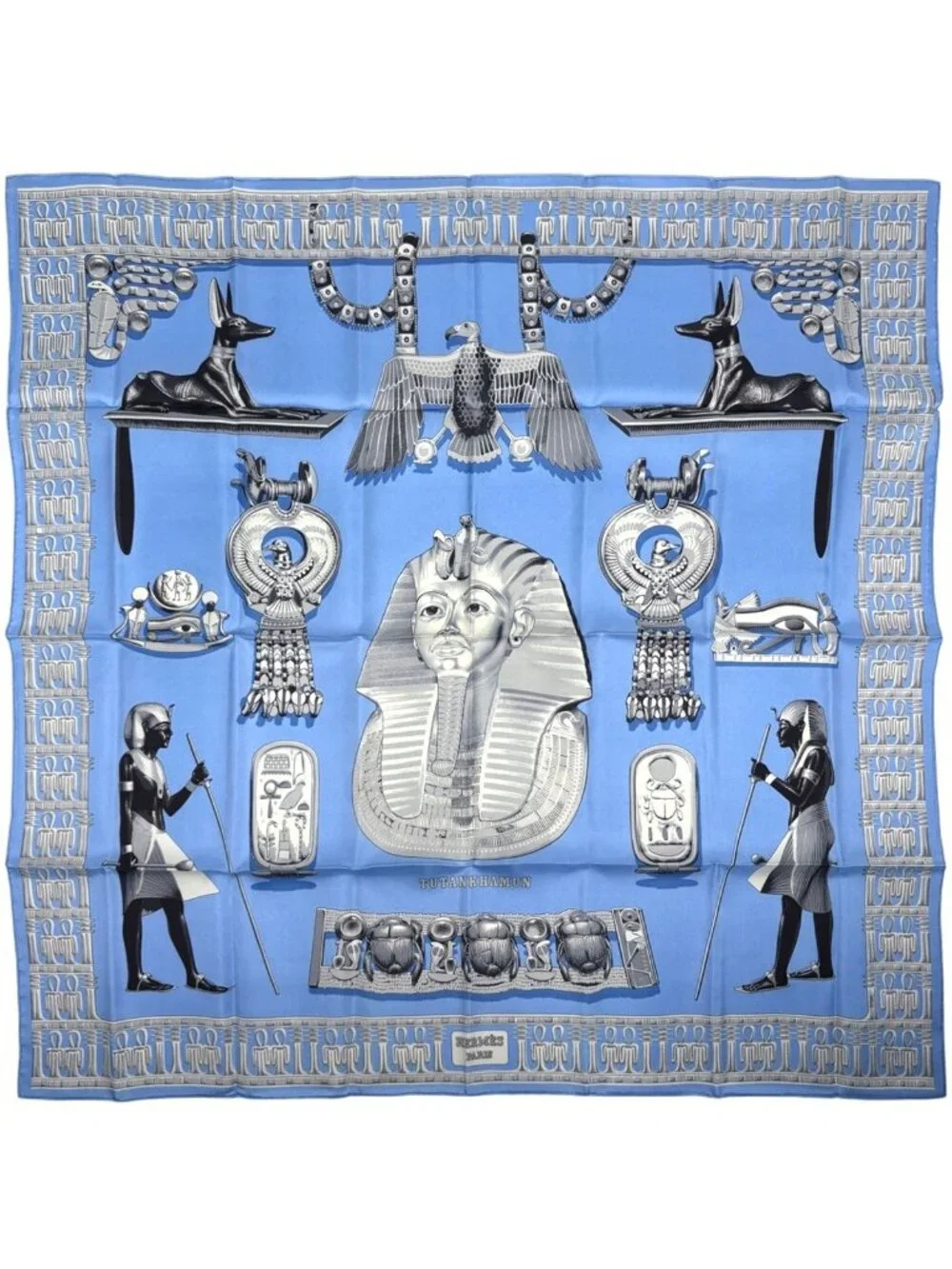 Hermes Carre 90 Tutankhamun Egypt Scarf Silk Light Blue Gray